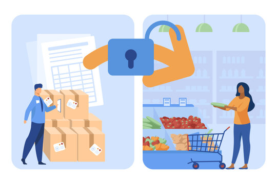 Lifting restrictions on food import vector illustration. Transporting product supplies to supermarkets, sanctions or ban cancellation. Agriculture, transportation, food, commerce concept