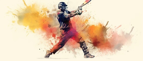 Plakat Illustration of batsman in cricket game on watercolor background banner. Ai Generated.