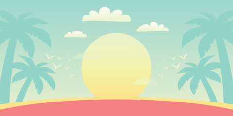 Fototapeta na wymiar colorful summer background with sunset shades and palm tree icons. vector illustration for promotional banners, greeting cards, posters, social media and web.