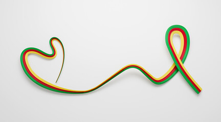 Fototapeta na wymiar 3d Flag Of Cameroon Heart Shaped Wavy Awareness Ribbon flag On White Background, 3d illustration