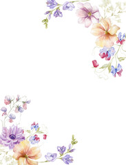 Watercolor Greetings Card with multicolor Wildflowers on the white Background.