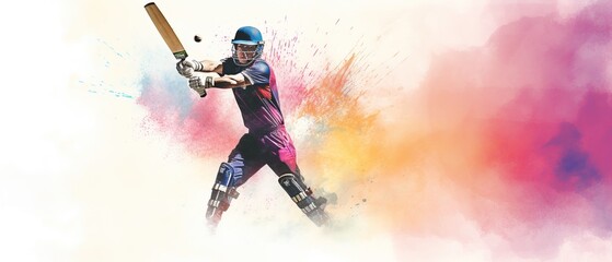 Illustration of batsman in cricket game on watercolor background banner. Ai Generated.