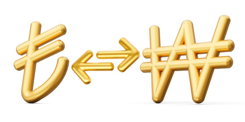 3d Golden Lira And Won Symbol Icons With Money Exchange Arrows On White Background, 3d illustration