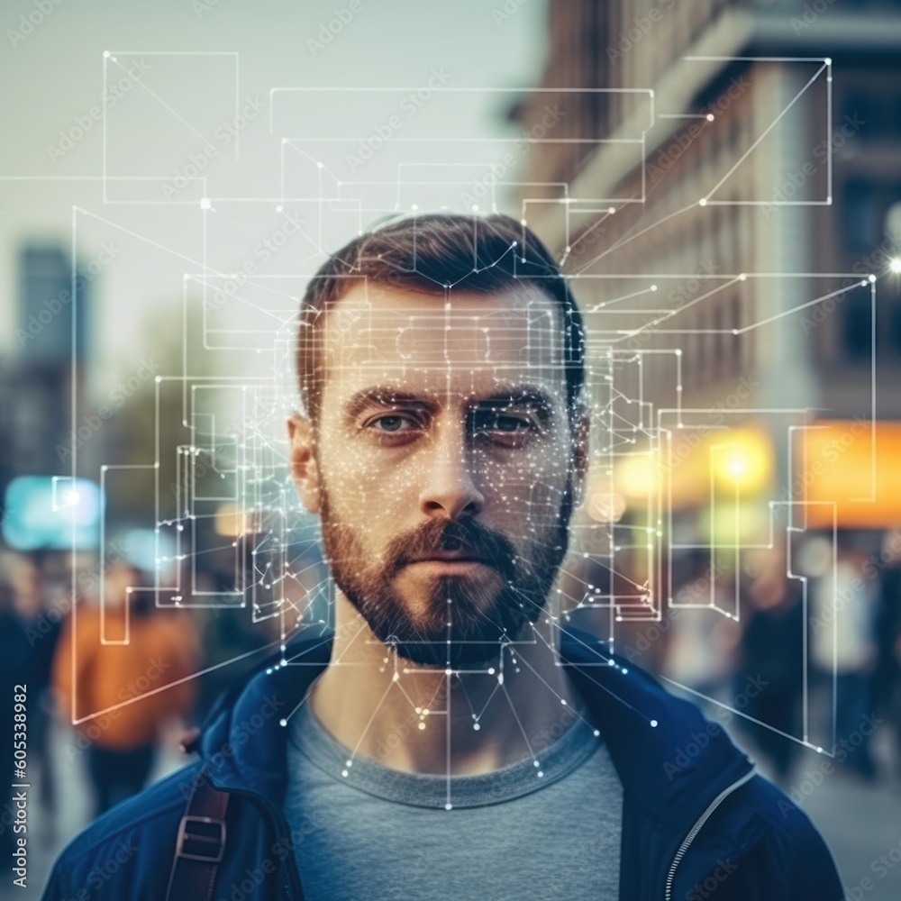Poster facial recognition technology excels at detecting a man face within a crowd, big data analysis