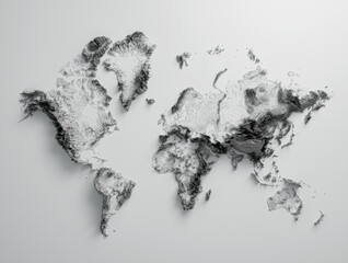 3d World Map Black And White Shaded Relief Hypsometric Map On White Background, 3d illustration