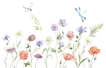 Watercolor Border with multicolor Wildflowers. Summer Illustration. - 605338956