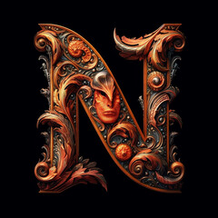 The letter N in a mythical way on black background,Generative AI 