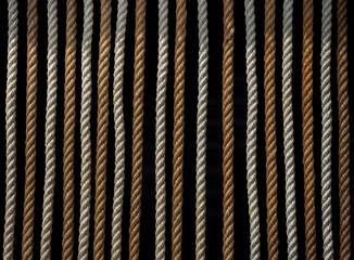 Graphic pattern from vertical  lines of sea hemp rope for your decor in marine style. Realistic texture from stripes of jute cords, isolated on black background. Wall decoration with ropes ornament. - 605338980