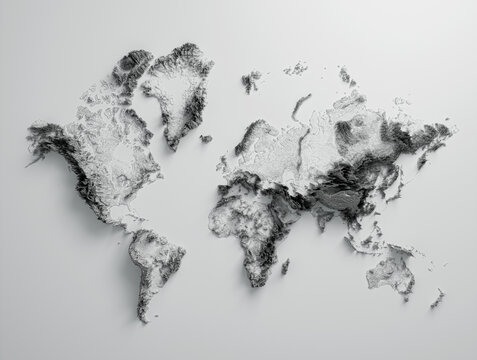 Fototapeta 3d World Map Black And White Shaded Relief Hypsometric Map On White Background, 3d illustration