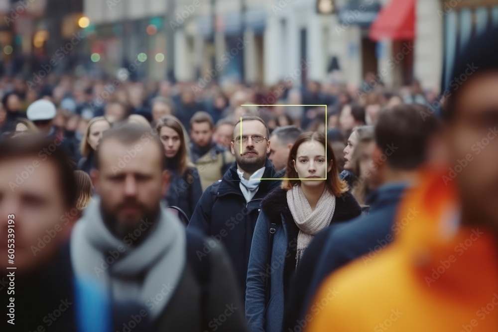 Poster in a crowd, facial recognition technology identifies the face of a people, authentication by face