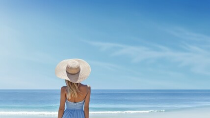 Woman looking at the sea in a beautiful beach, generative ai