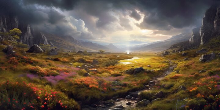 Highlands spring landscape, generative ai