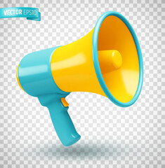 Vector realistic illustration of a blue and yellow megaphone on a transparent background.
