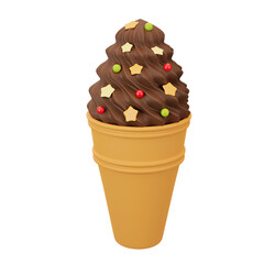 3D render of ice cream in a cone with chocolate cream and sprinkles. Fast food. Sweet food, summer dessert. Bright Illustration in cartoon, plastic, clay 3D style. Isolated on a white background