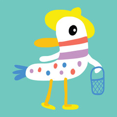 Cartoon of a duck with a blue bag in summer time.