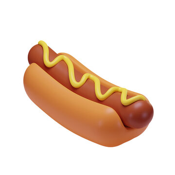3D rendering of a hot dog with mustard. Fast food. Fatty, unhealthy, unhealthy food. Bright Illustration in cartoon, plastic, clay 3D style. Isolated on a white background.
