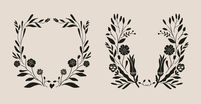 Botanical frame decoration. Flower and leaf branch wreath, garland border illustration. Retro style wildflower and herbs isolated vector design.  