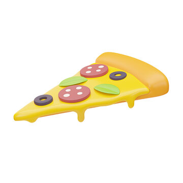 3D rendering of a slice of pizza with sausage, cheese and olives. Fast food. Bright Illustration in cartoon, plastic, clay 3D style. Isolated on a white background