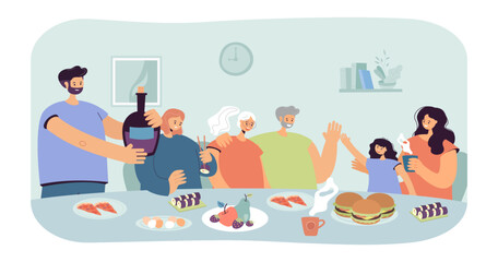 Big family having dinner vector illustration. Grandparents, parents, children sitting at table, drinking and eating together. Family reunion, holiday, togetherness concept