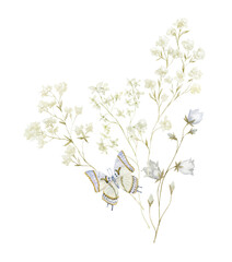 Watercolor Bouquet with Wildflowers and Butterfly. Design for Card on the white Background.