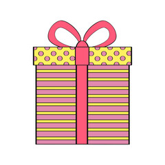 Colorful gift box with ribbon and bow. Holiday gift. Ornament on the box.