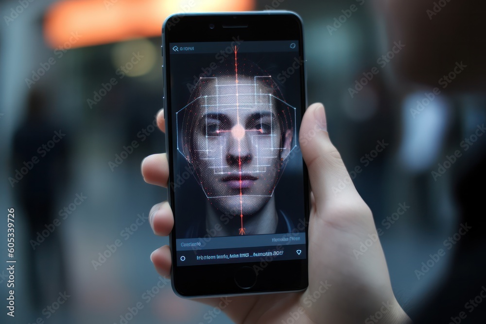 Aufkleber hand holding smartphone using face recognition security user identification to unlock access