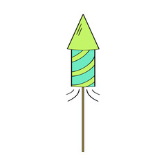 Colorful firework rocket. Holiday party attribute. Vector illustration in doodle style. Hand drawn.