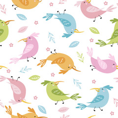 Funny bird with leaves and flowers. Cute seamless pattern for wrapping paper, wallpapers, bags, prints for childish textiles, pillows, cards, t-shirts.