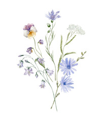 Naklejka premium Watercolor Bouquet with Wildflowers. Blue Florals. Design for Card on the white Background.