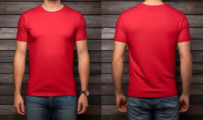 plain red t-shirt mockup template, photo studio with male model, with view, front and back, generative ai
