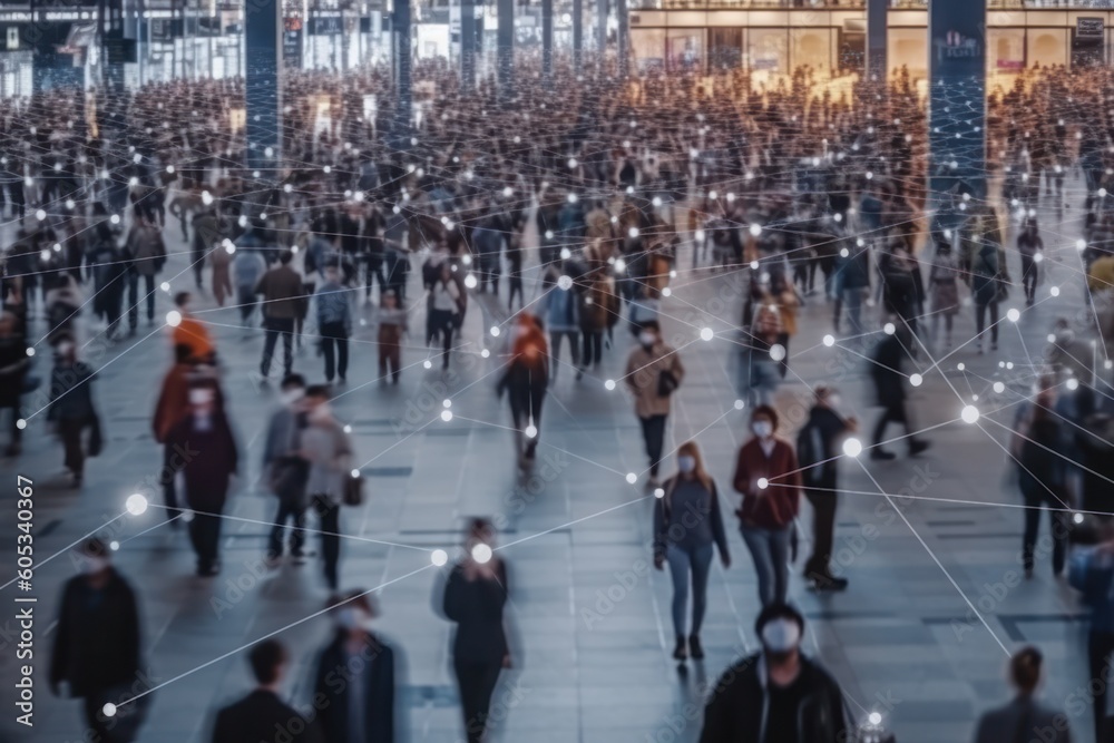 Poster face recognition technology: crowd of people walking recognized and identified by facial detection