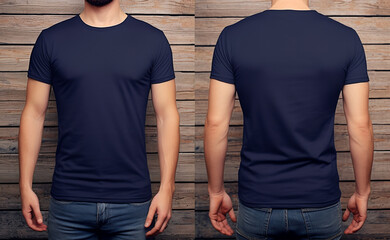 plain navy t-shirt mockup template, photo studio with male model, with view, front and back, generative ai - obrazy, fototapety, plakaty