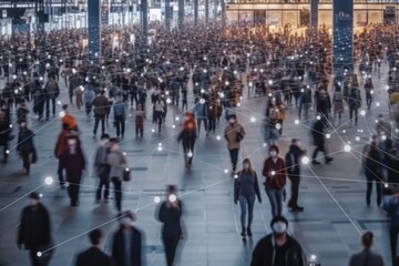 Face recognition technology: crowd of people walking recognized and identified by facial detection