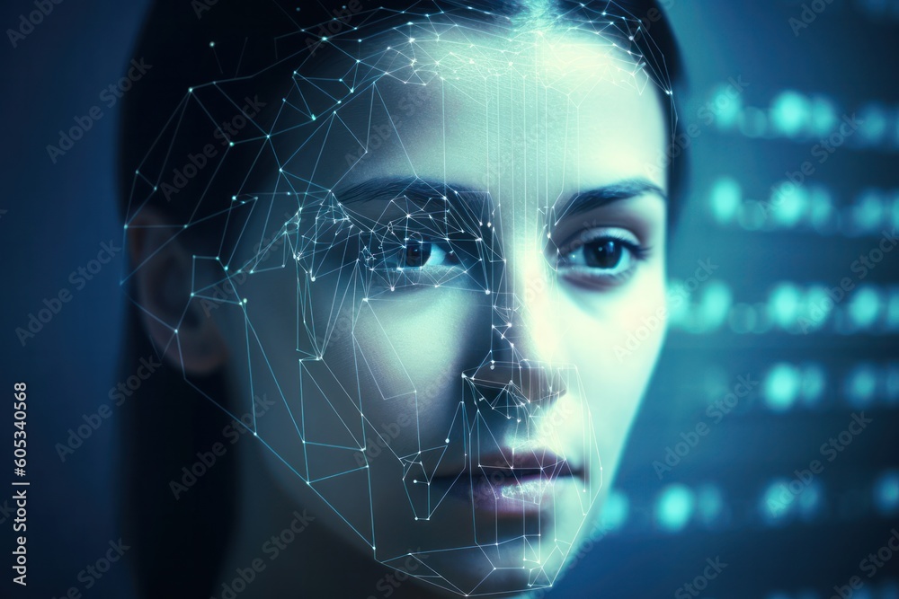 Poster woman face futuristic scanning for facial recognition and biometric user scanning and identification