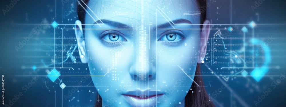 Poster banner design for facial recognition technology, biometric identification advanced security system