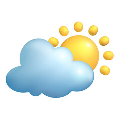 Cloud covering sun 3d vector illustration. Sunny and cloudy day on weekend or holiday in cartoon style isolated on white background. Weather forecast, meteorology concept