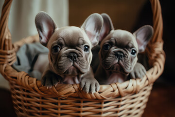 Cute french bulldogs in a busket, AI Generated