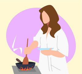 housewife cooking in the kitchen. holding plates and spatulas. cooking in the pan. cartoon flat vector ilustration.