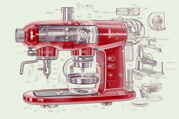 Fototapeta premium Innovative Elegance: Biotechnical Exploded View Illustration of a Kitchenaid-Style Barista Coffee Machine