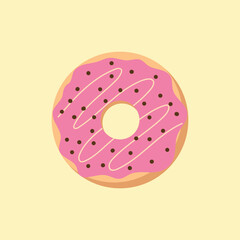 Flat icon strawberry donut with white chocolate topping and chocolate decor isolated on light yellow background. Vector illustration.
