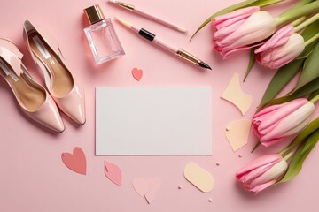 Obraz na płótnie Canvas Top view photo of heart shaped giftbox tulips trendy high heel shoes envelope letter cosmetics brushes and perfume on isolated pastel pink background with copyspace in the, Generative AI