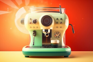 Naklejka premium Robotic Marvel: A Fantastic Futuristic Illustration of a Retro Barista Coffee Machine Bathed in Sunny Light