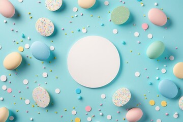 Easter decor concept. Top view photo of white circle colorful easter eggs and sprinkles on isolated pastel blue background with copyspace, Generative AI
