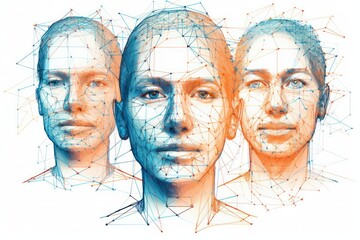 Face recognition concept, wireframe illustration of humans head showing biometric face detection