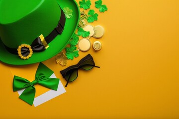 St Patrick's Day concept. Top view photo of leprechaun cap suspenders gold coins envelope letter shamrock clover shaped party glasses and bow-tie on isolated yellow background with, Generative AI