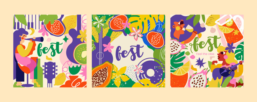 3 summer music festival templates. The design immerses the theme of Hawaii, the atmosphere of relaxation, sunny beaches, of course, music and cool cocktails.