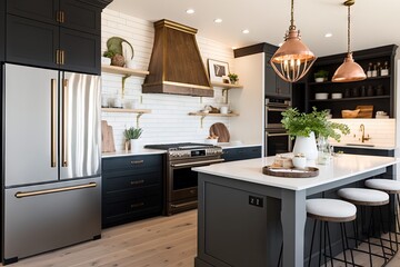 modern farmhouse kitchen with sleek appliances, open shelving and metallic accents, created with generative ai - obrazy, fototapety, plakaty