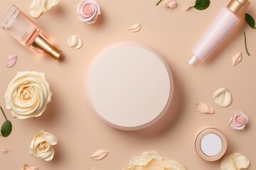 Fototapeta na wymiar Cosmetology concept showcases a collection of luxurious creams and serums in pump bottles, surrounded by beautiful rose flowers on a pastel beige background with empty circle for, Generative AI