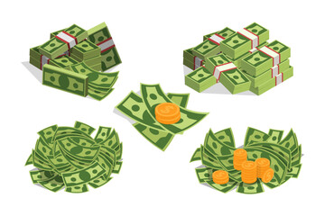 Stacks and piles of dollar bills vector illustrations set. Collection of cartoon drawings of cash or paper money with gold coins. Finances, business, banking, savings, commerce concept