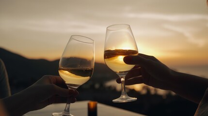 Friends raising their glasses in a toast with wine, against the backdrop of a stunning sunset. Reflects the warmth of friendship and the beauty of shared moments. AI-generated.